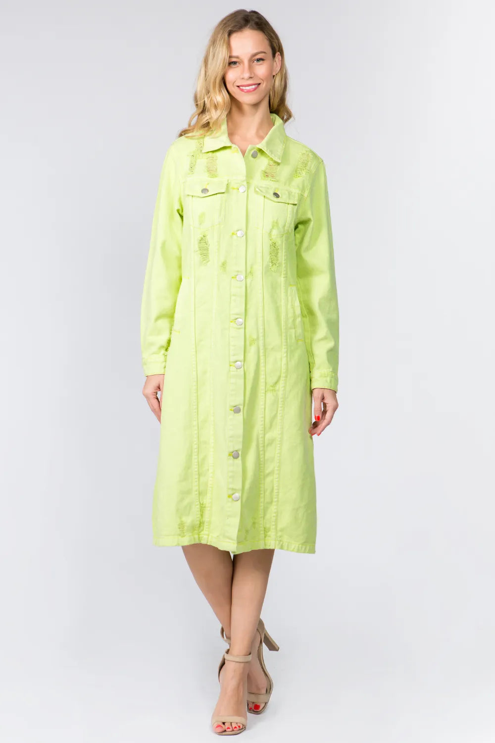 Distressed Denim Button Up Dress in Lime detail