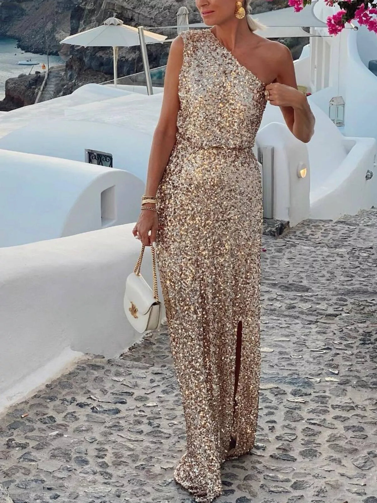 Model wearing beige sequin maxi dress full length