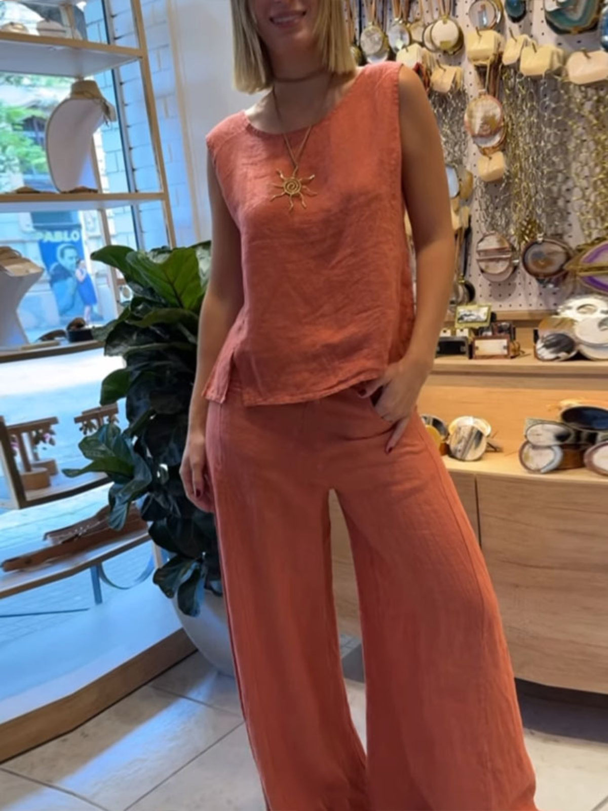 Round neck tank and pants set plus size front view