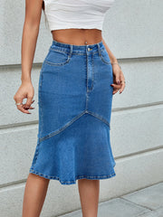 High Waist Mermaid Hem Denim Skirt Blue - Fashorio