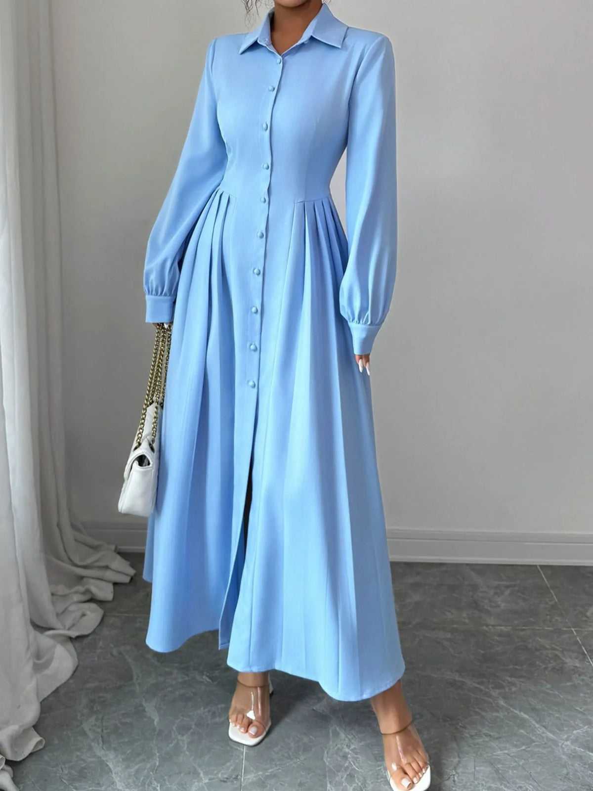 Collar and button placket detail on light blue maxi dress