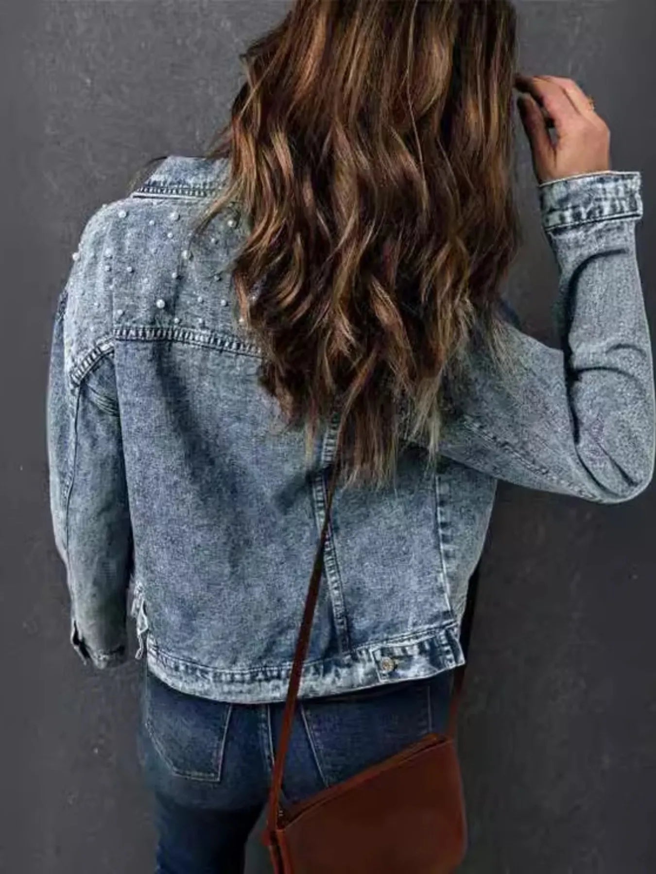 Full Size Pearl Detail Button Up Long Sleeve Denim Jacket Plus Size - Fashorio