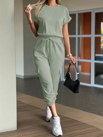 Round Neck Short Sleeve Top and Pants Set - Fashorio