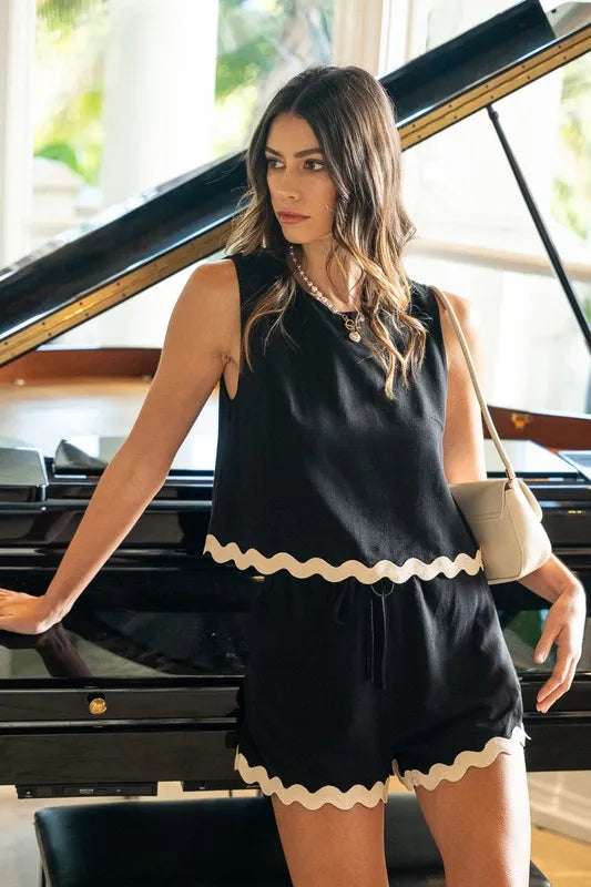 Annie Wear Ric Rac Trim Detailed Top & Shorts Set BLACK - Fashorio