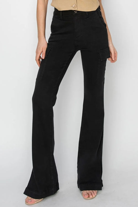 RISEN Full Size High Rise Side Slit Cargo Bootcut Jeans Black - Fashorio
