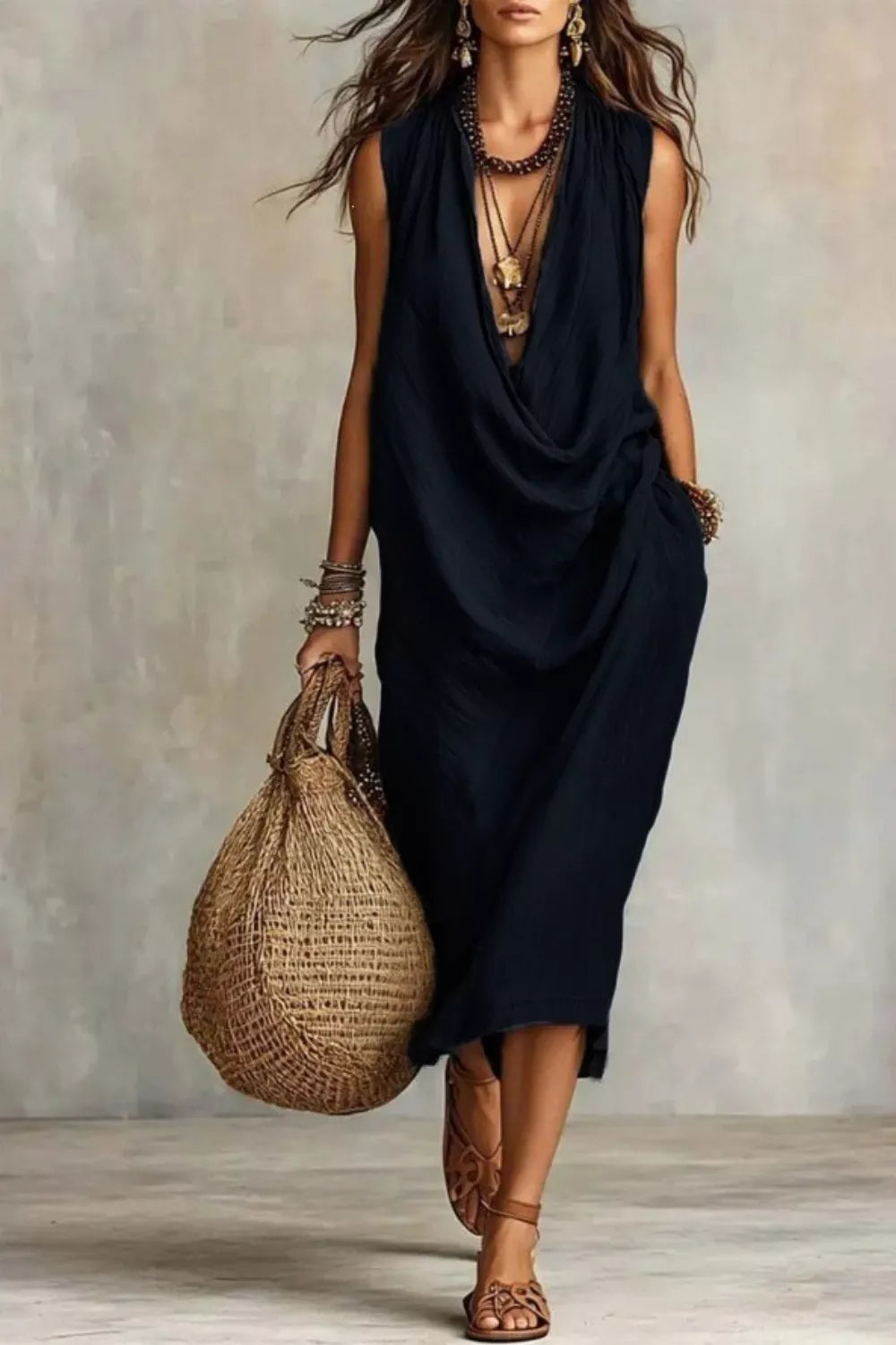 Sleeveless drape cowl neck midi dress side view