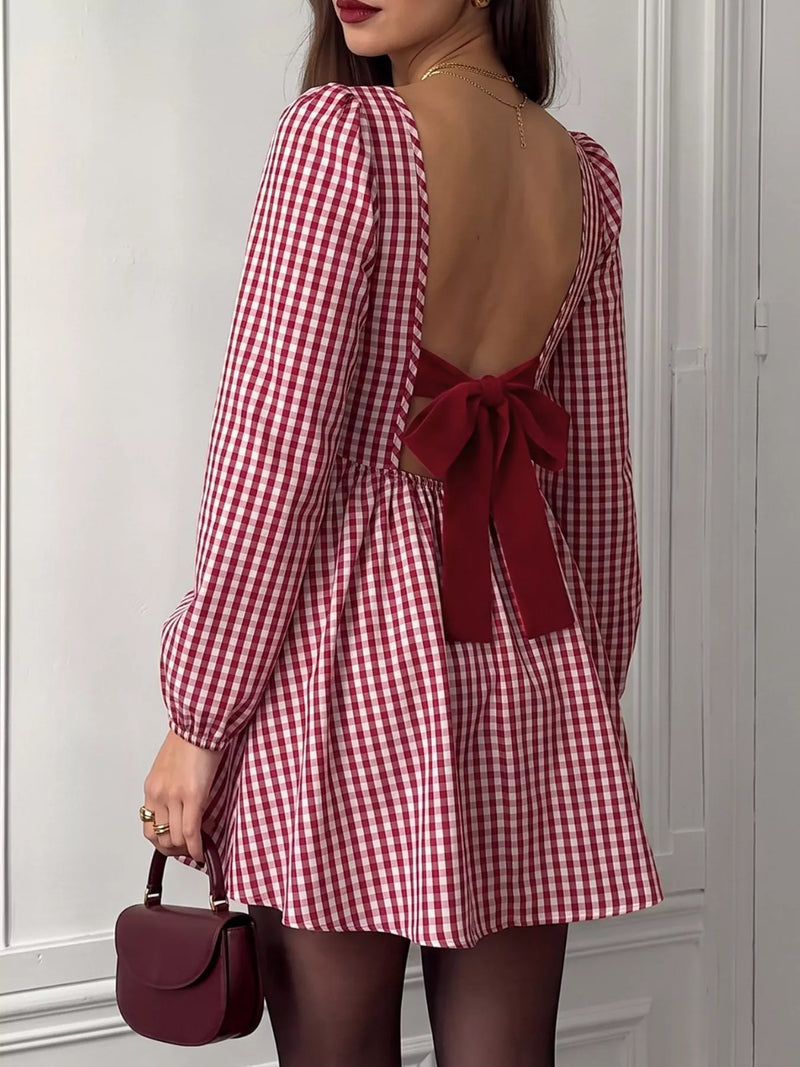Perfee red plaid backless long sleeve dress, front view