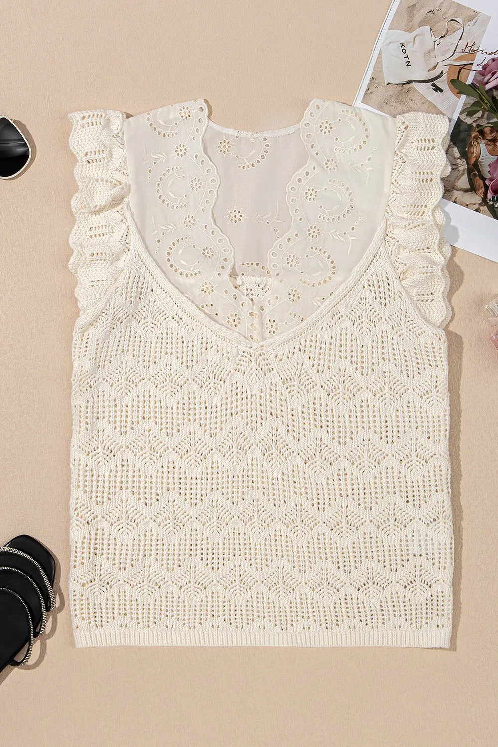 Embroidered Patchwork Openwork Ruffle Sweater Vest in Beige styled look