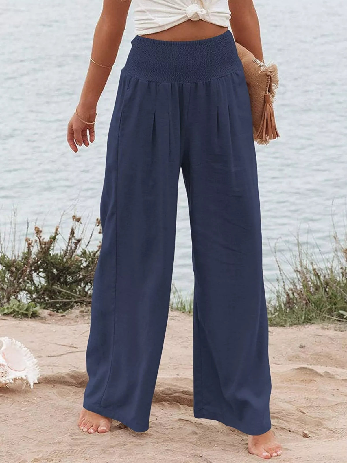Smocked high waisted wide leg pants side view