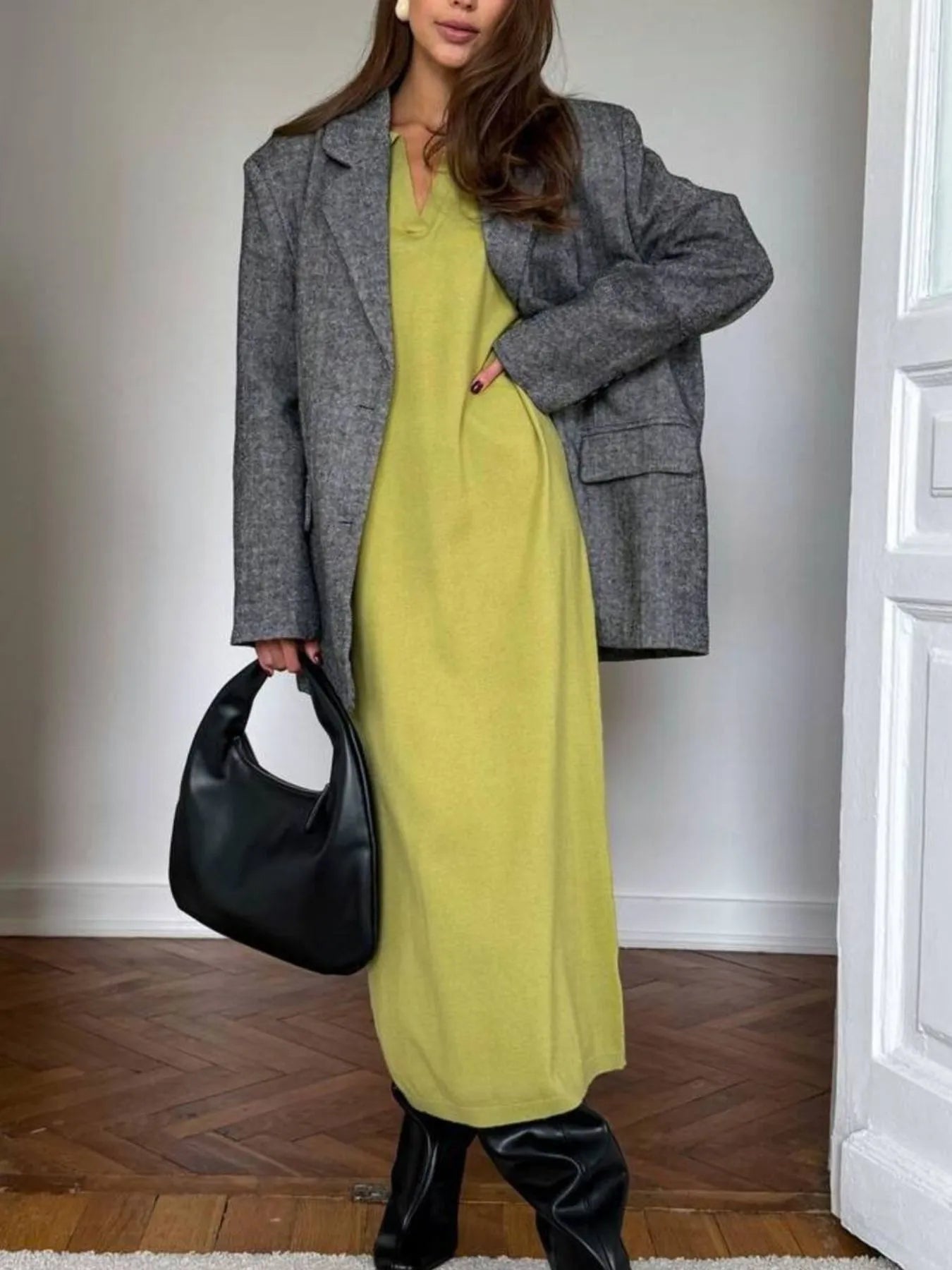 Long Sleeve Collared Neck Knit Dress - Fashorio