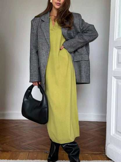 Long Sleeve Collared Neck Knit Dress - Fashorio