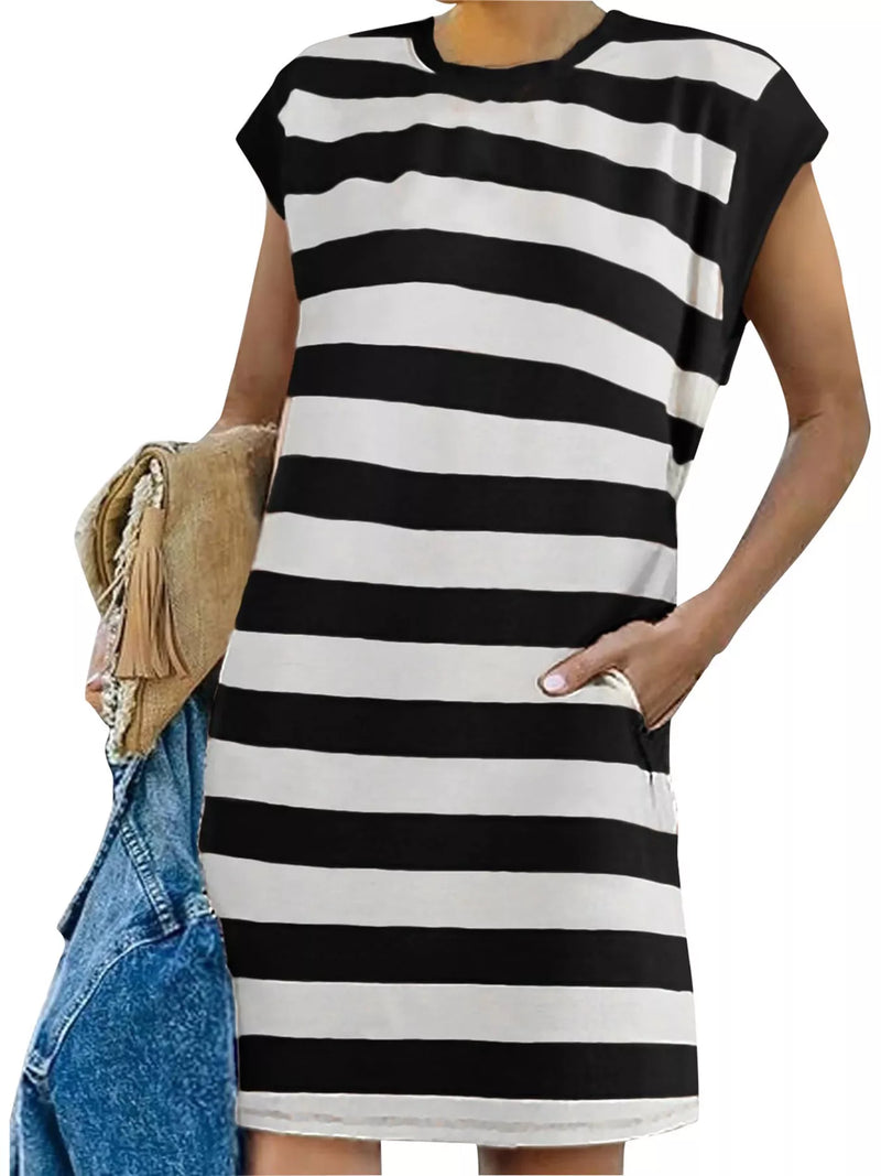 Casual striped short sleeve mini dress front view