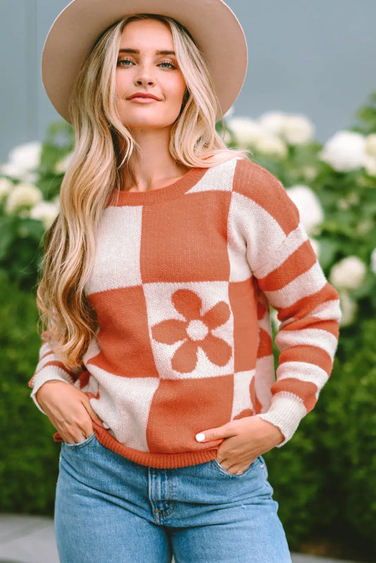 Contrast Round Neck Long Sleeve Sweater Caramel - Fashorio