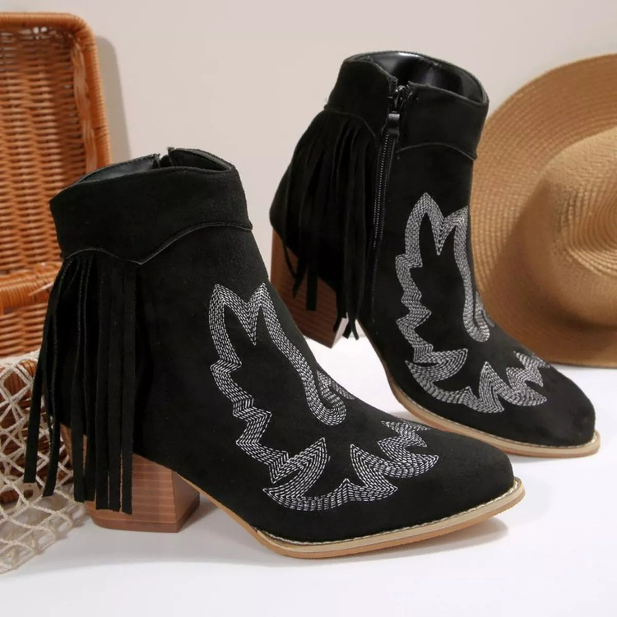 Fringe pointed toe block heel boots side profile