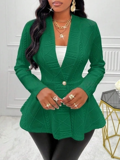 One Button Textured Peplum Cardigan - Fashorio