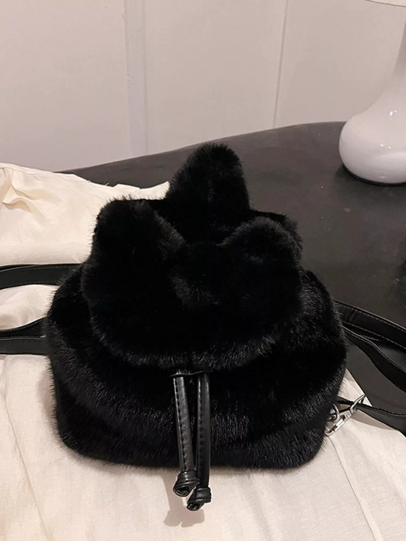 Fuzzy plush drawstring backpack in ivory