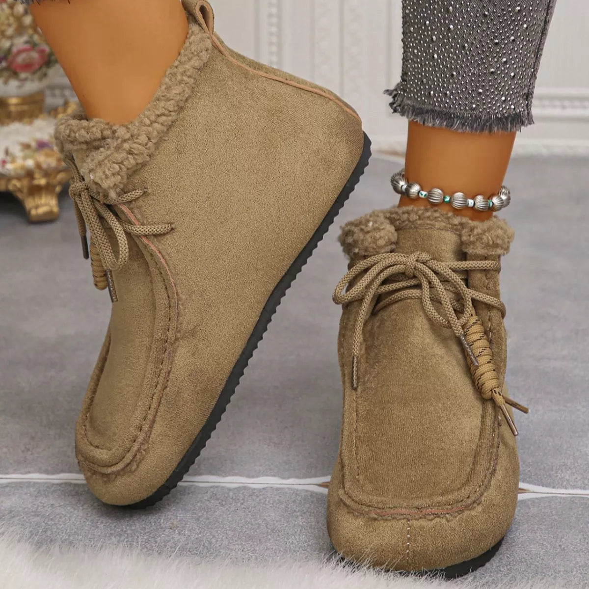 Plush lined ankle boots full length on foot