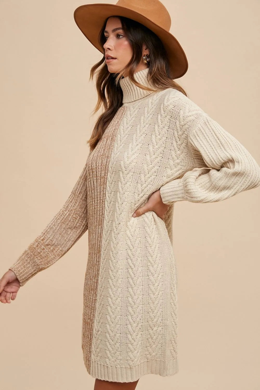 Color Block Turtleneck Sweater Dress in Taupe side view