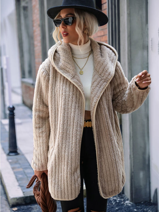 Open Front Ribbed Hooded Coat Sand - Fashorio