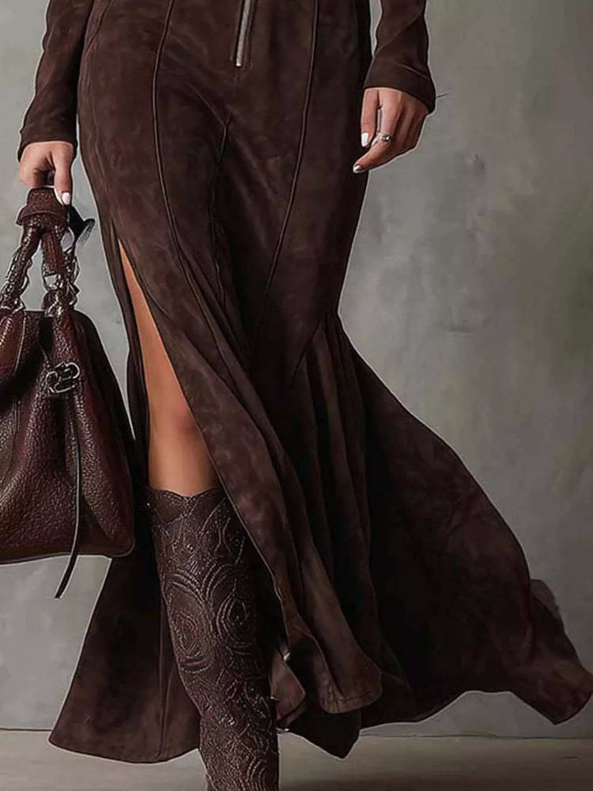 Zip front slit long sleeve maxi dress side view