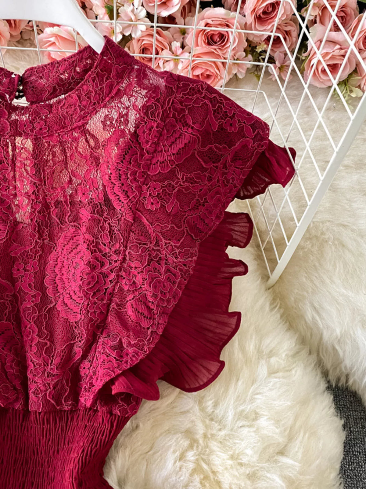 Ruffled mock neck lace maxi dress, front view