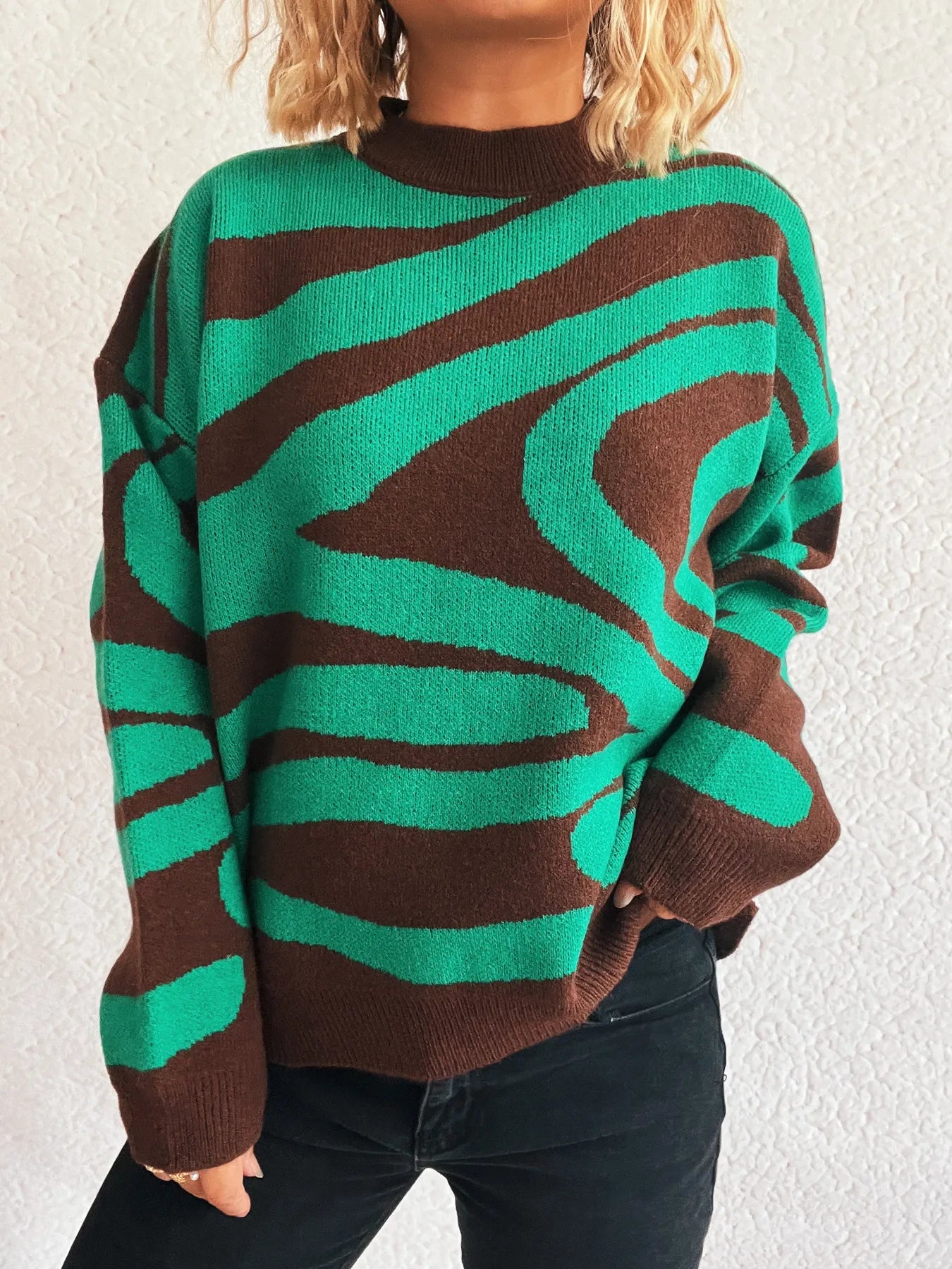 Zebra Print Round Neck Sweater - Fashorio