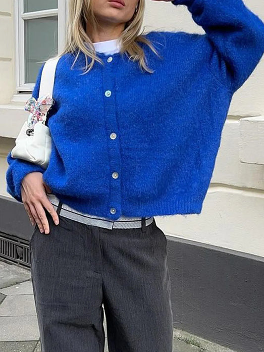 Button-Up Cropped Sweater Cardigan Blue - Fashorio