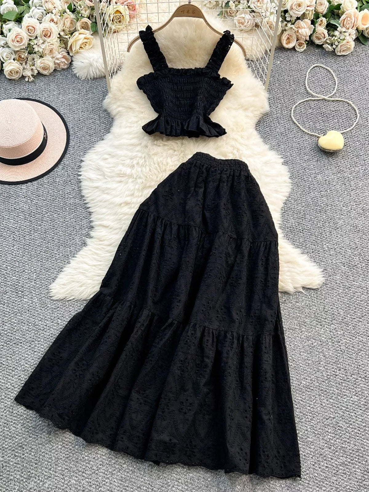 Ruffle eyelet crop top detail