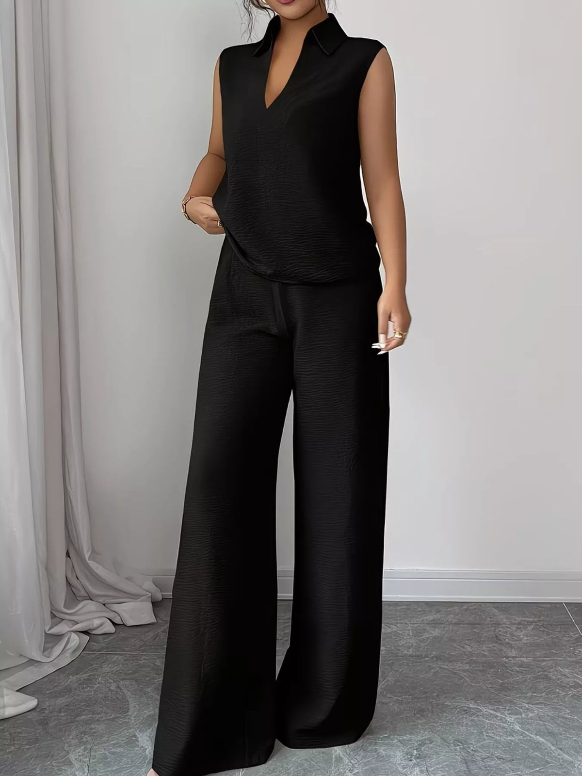 Sleeveless coordinated set styled look