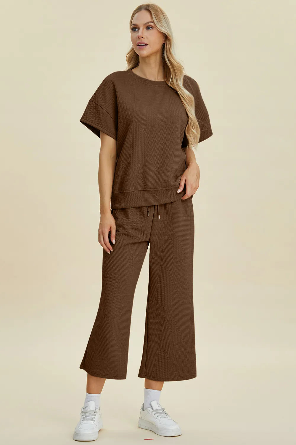 Double Take Full Size Texture Round Neck Top and Pants Set - Fashorio