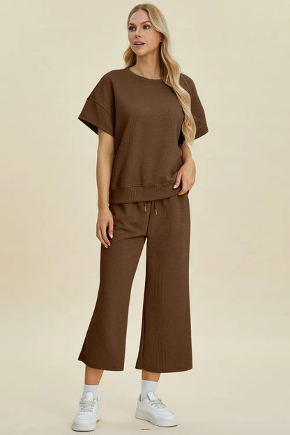 Double Take Full Size Texture Round Neck Top and Pants Set - Fashorio