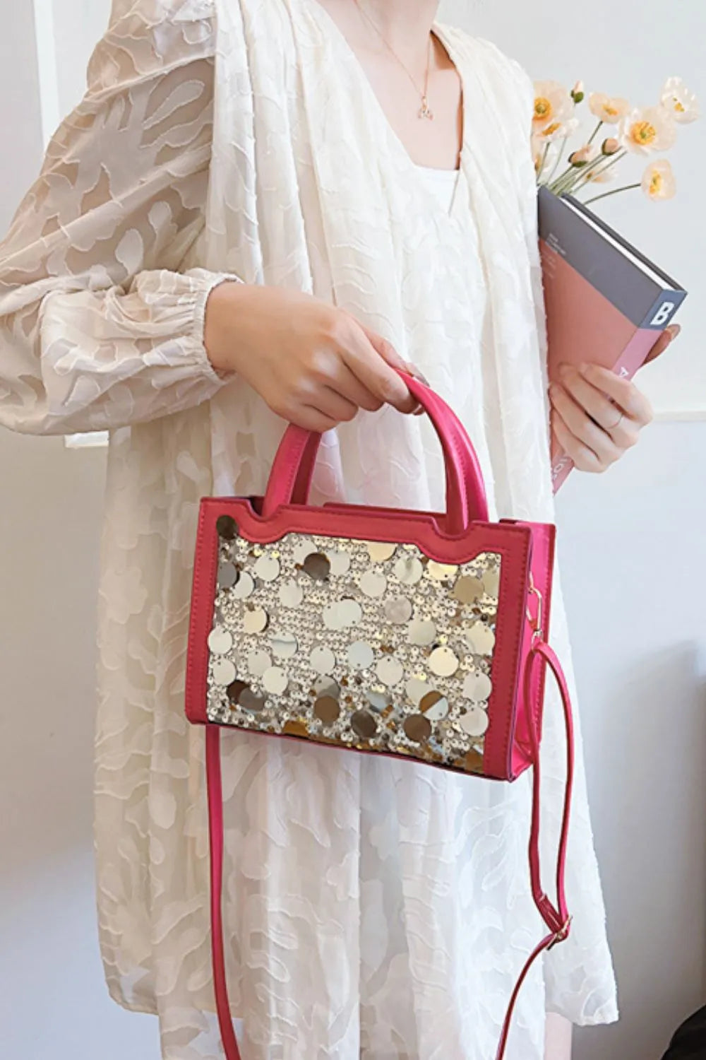 Faux Leather Sequin Handbag styled look