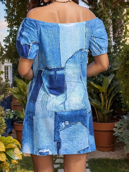 Patchwork Off Shoulder Denim Mini Dress - Fashorio