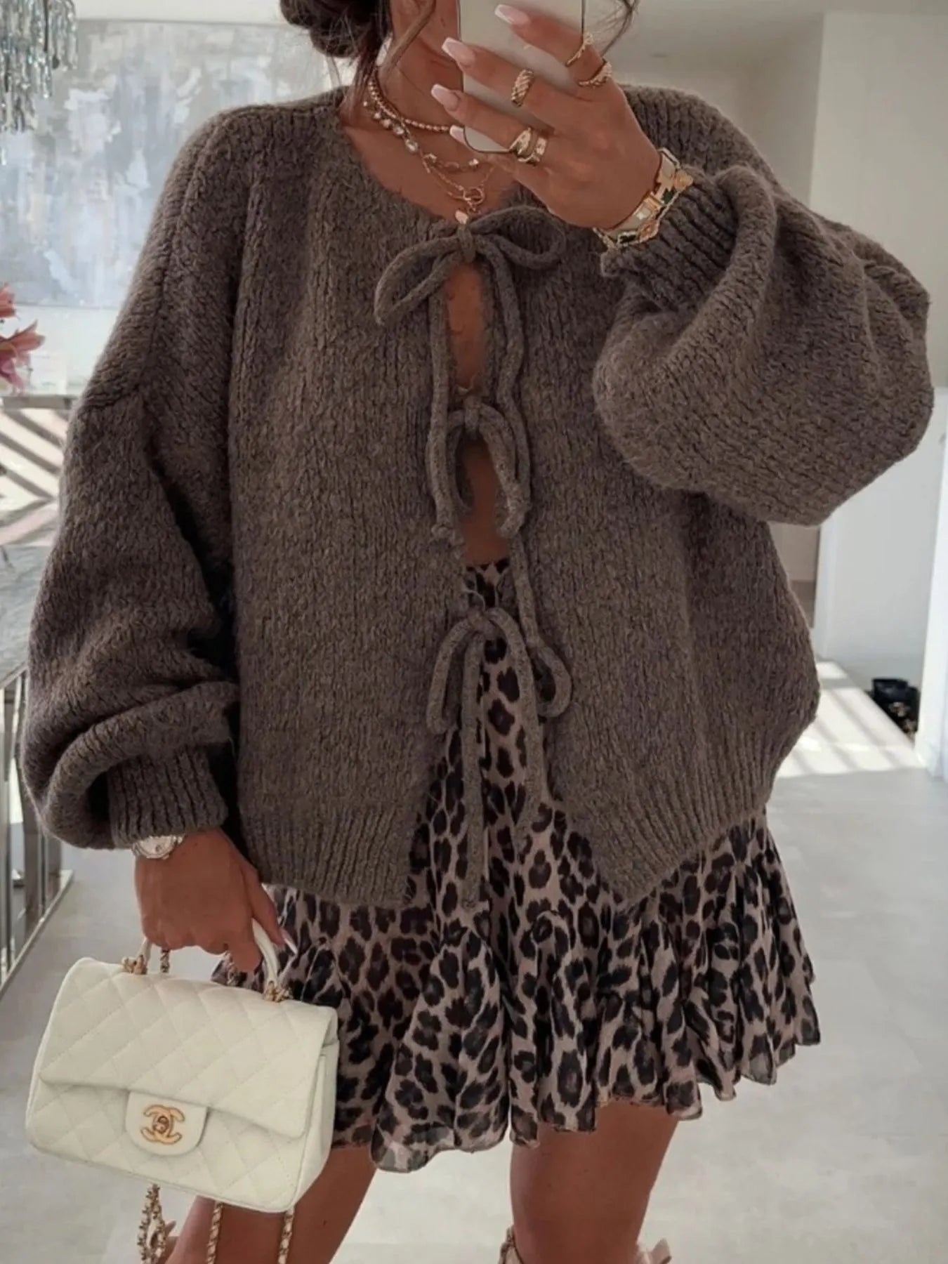 Cozy Bow-Tie Front Knit Cardigan Brown - Fashorio