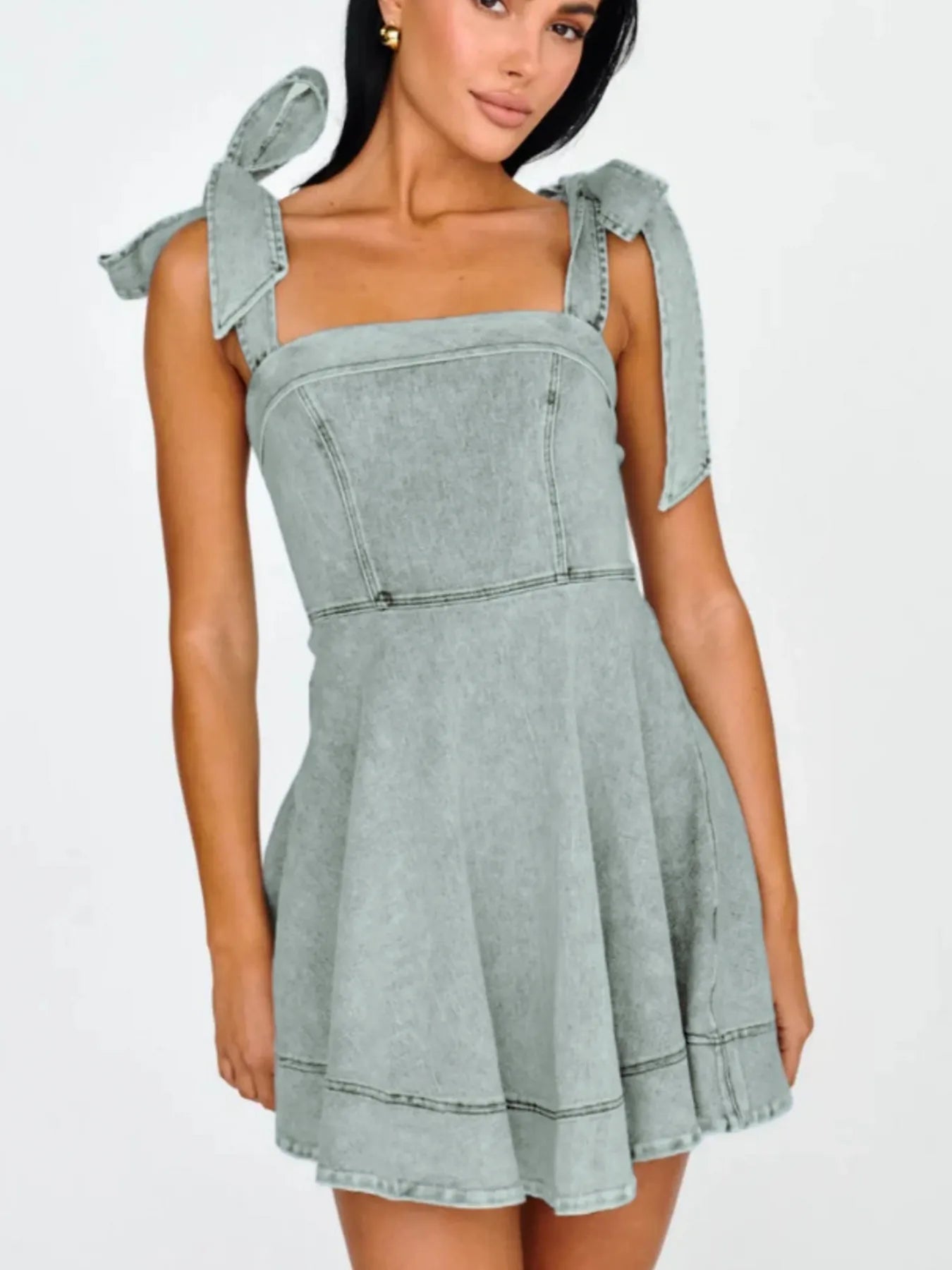Bow-Shoulder Square Neck Denim Mini Dress - Fashorio