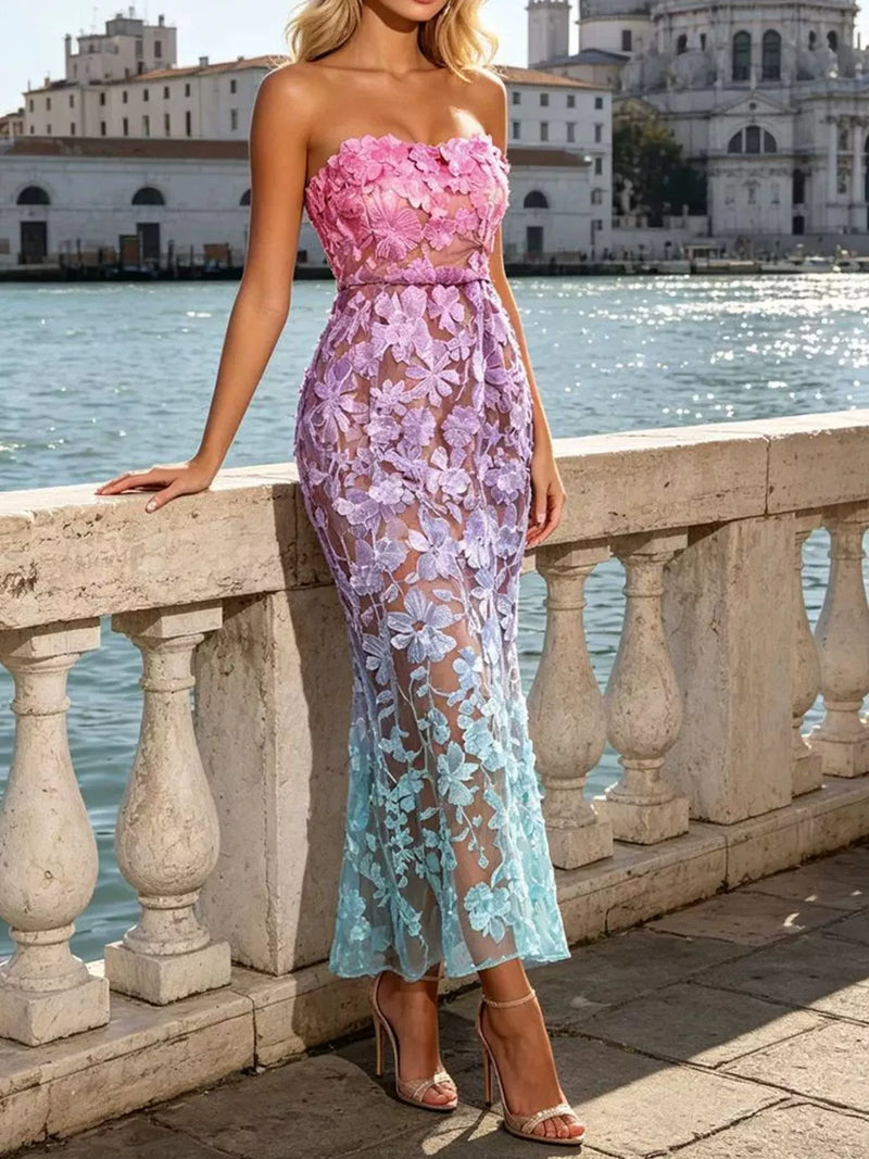 Floral embroidered tube maxi dress in gradient color front view