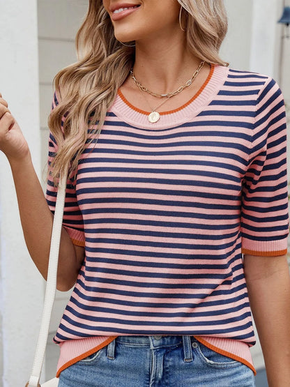 Striped Casual T-Shirt with Contrast Trim - Fashorio