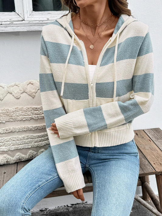 Drawstring Zip Up Striped Cardigan Apricot - Fashorio