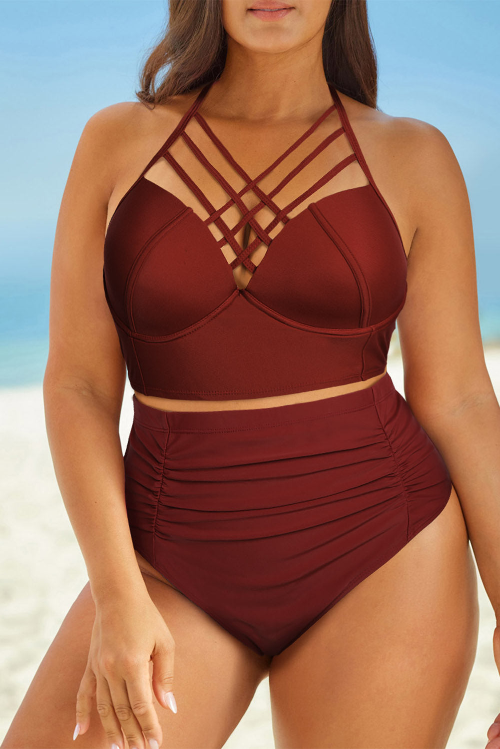 Full Size Halter Neck Crisscross Ruched Two-Piece Swimsuit Rust - Fashorio