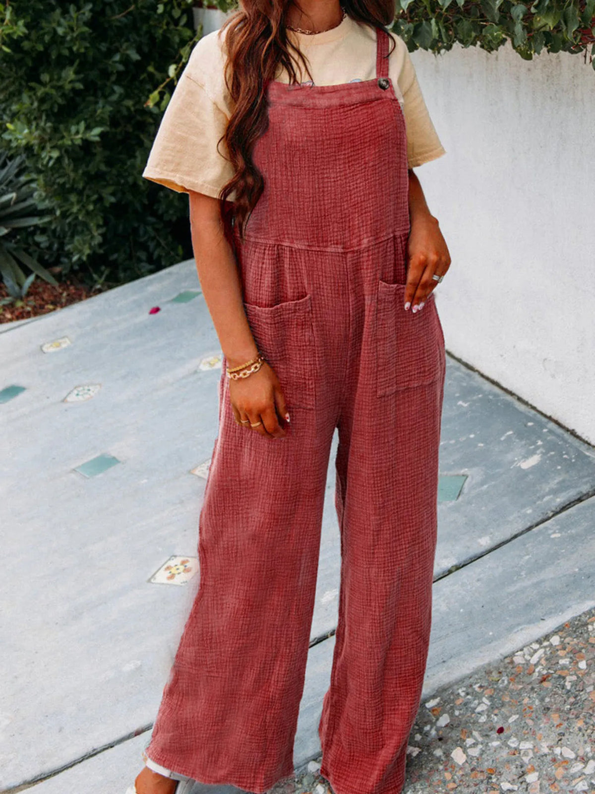Casual Wide Leg Textured Overalls, view 17