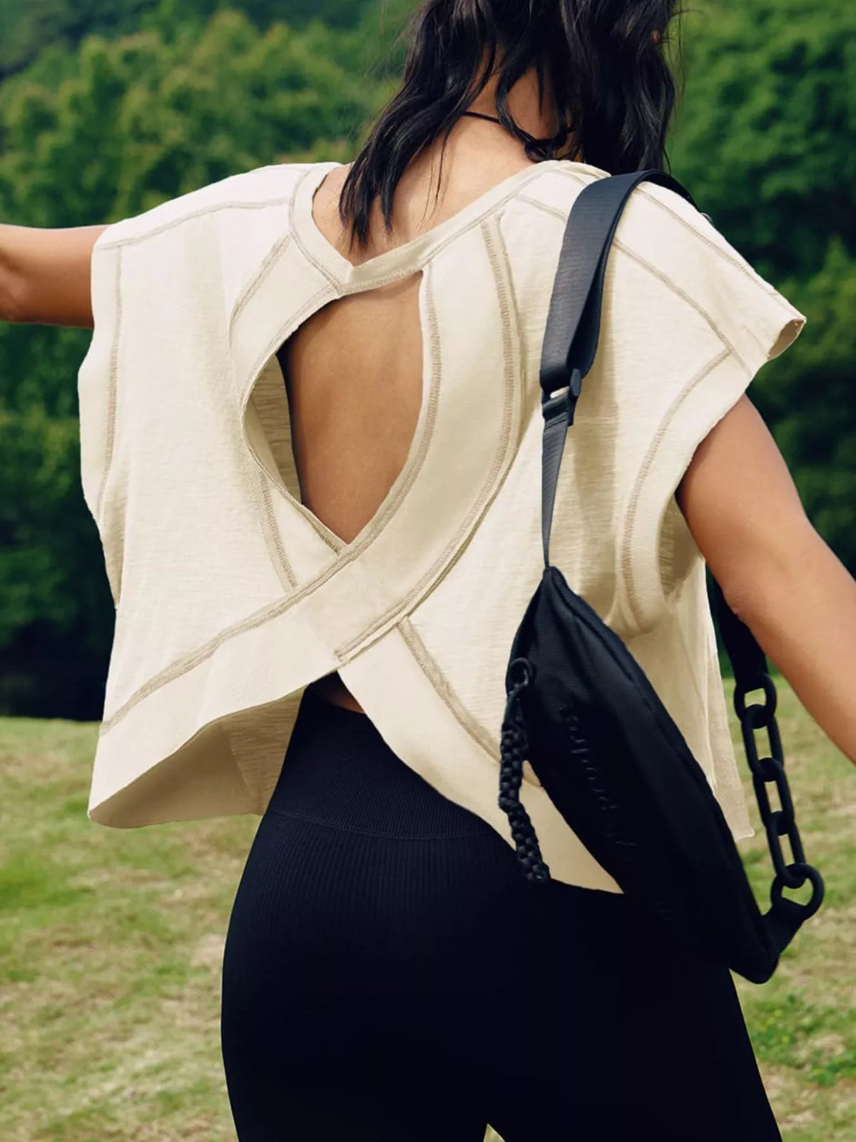 White cutout crisscross back short sleeve t shirt detail view