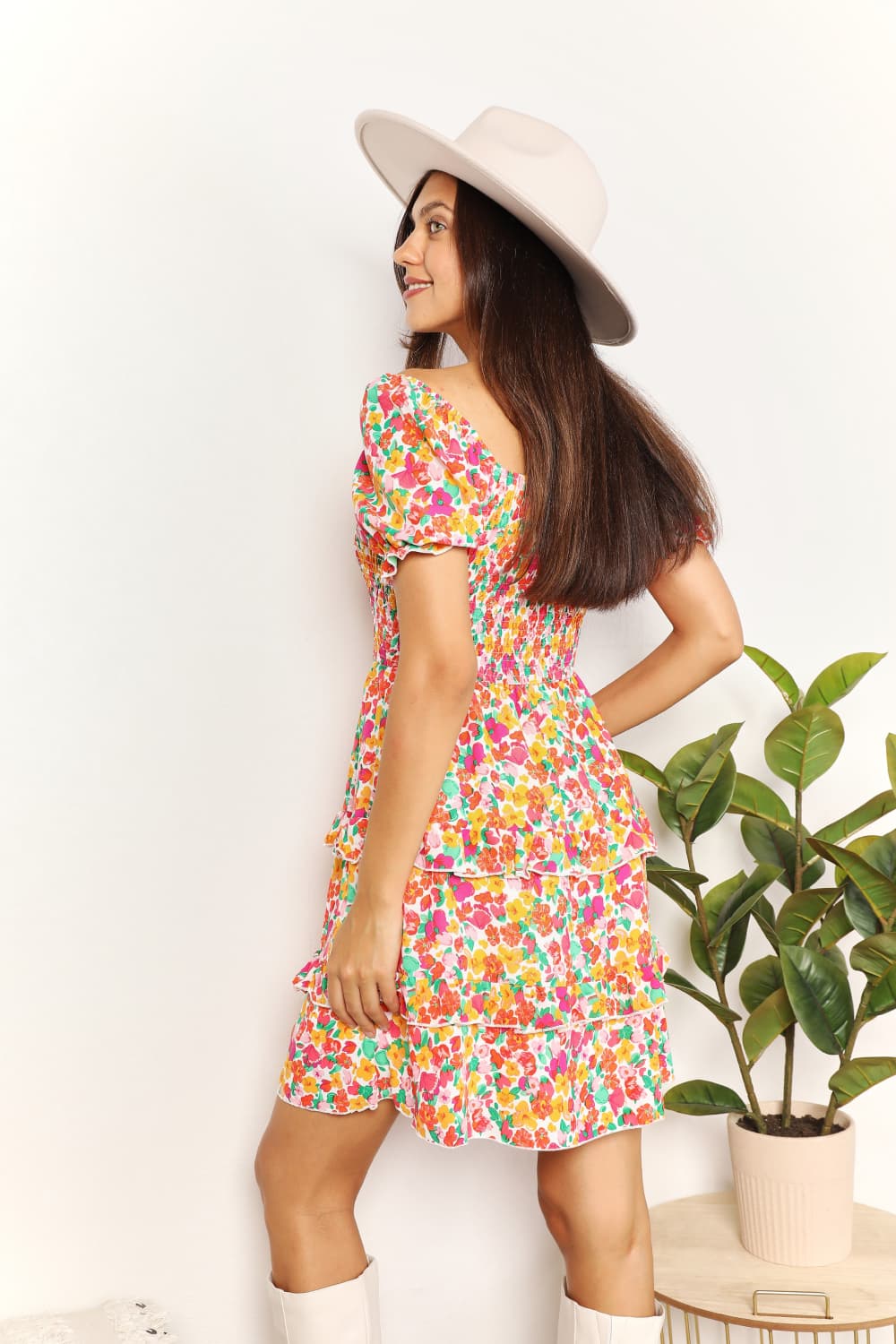 Devine Smocked Sweetheart Neck Flounce Sleeve Mini Dress back view