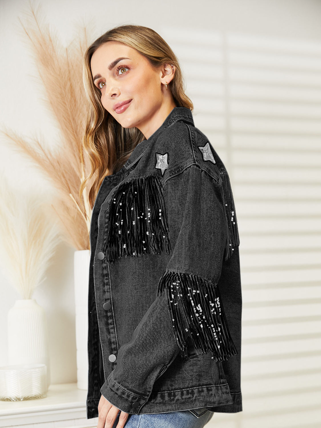 Fringe Detail Long Sleeve Denim Jacket - Fashorio