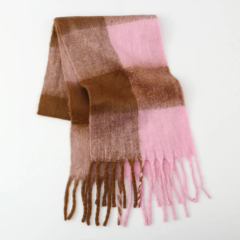 Fringe contrast plaid scarf draped over the shoulders