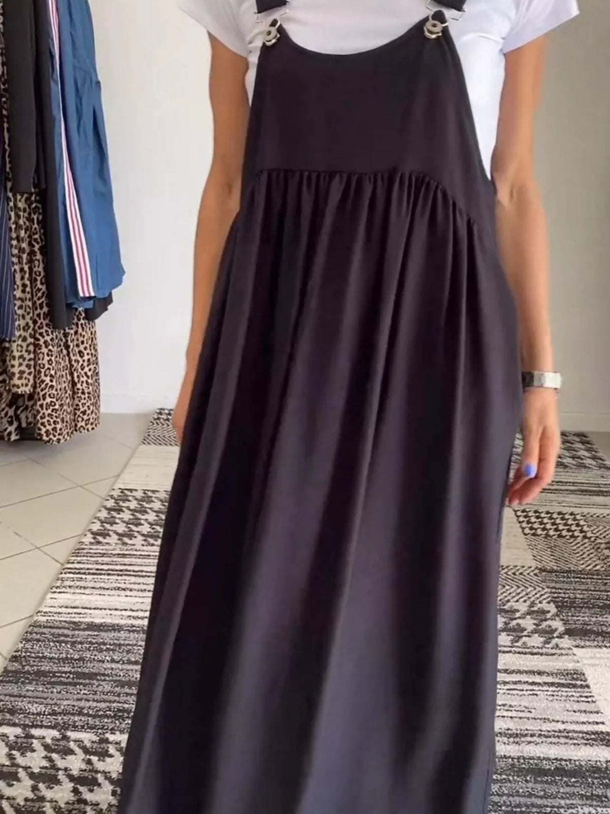 ruched wide strap overall maxi dress side view