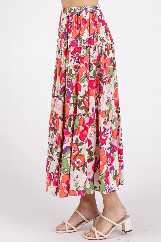 Mittoshop Flower Print Elastic Waist Tiered Skirt - Fashorio