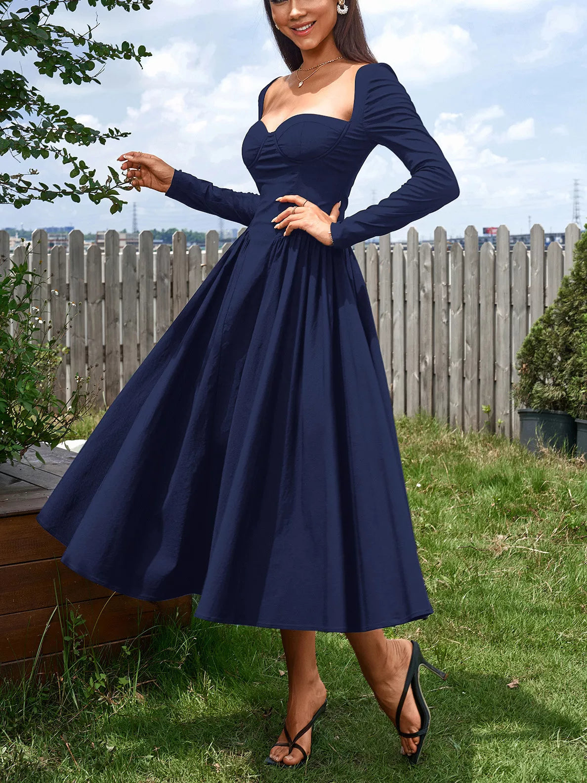 A line long sleeve dress in bright colour