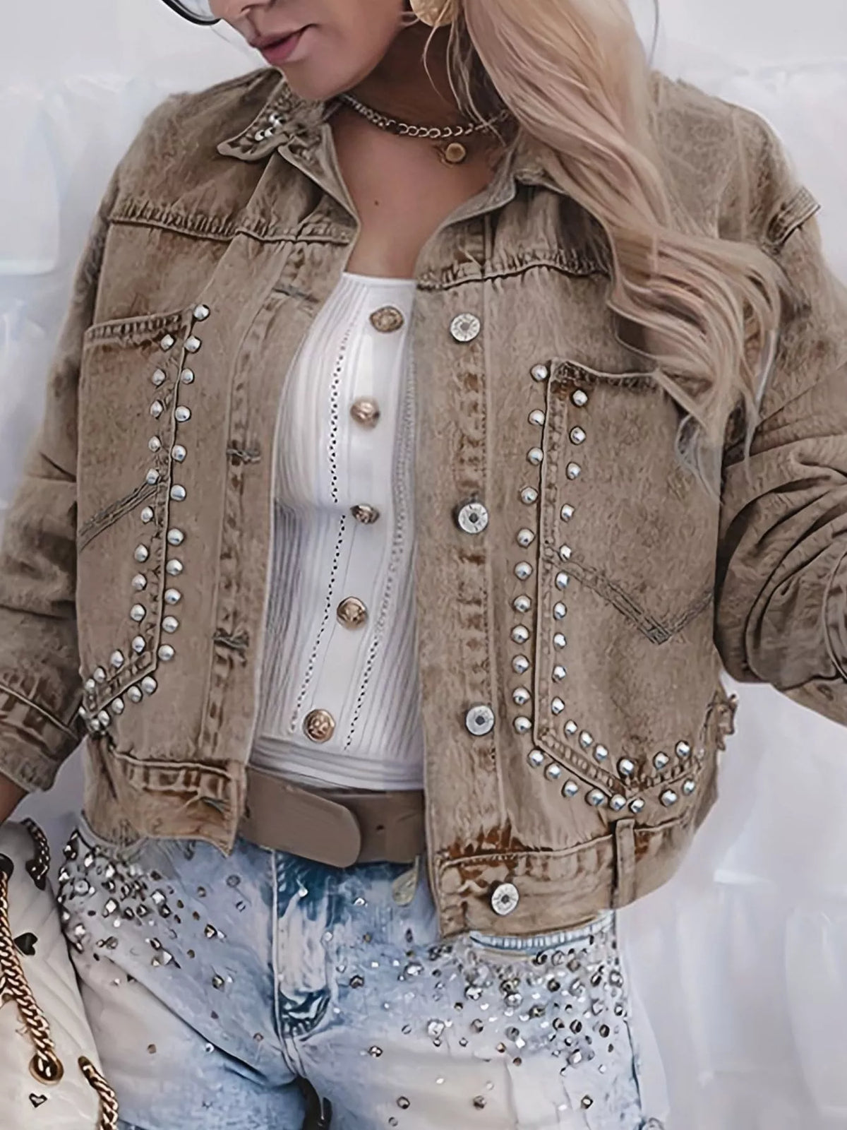 Studded Washed Denim Jacket in Army Green back view