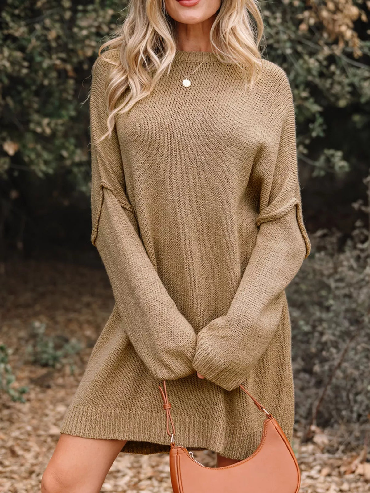 camel oversize drop shoulder sweater dress front view