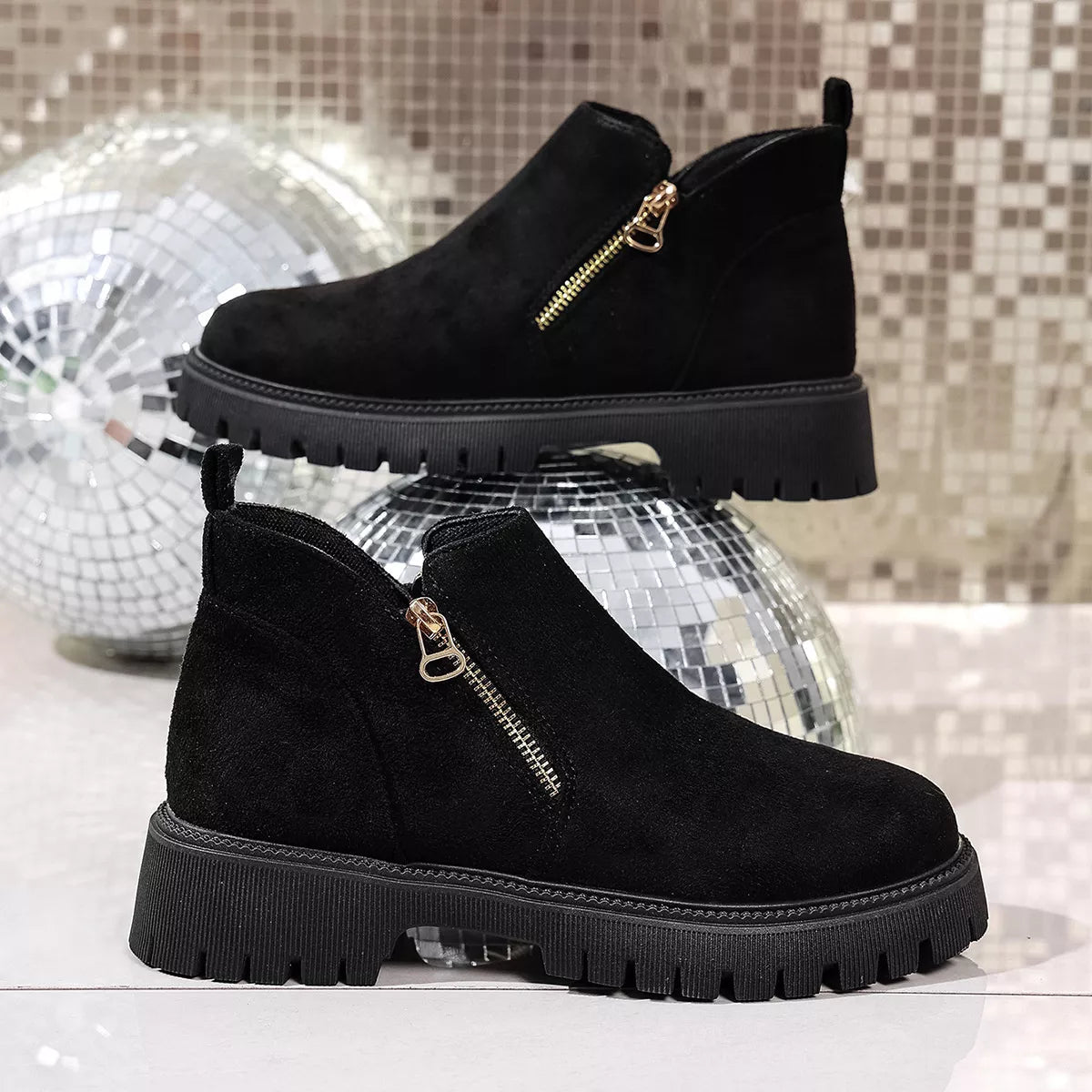 Round toe side zip ankle boots side profile